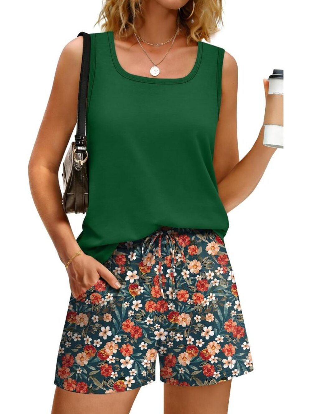 🆕Women Floral 2 Piece Sets Summer Lounge Short Sets Tank Square Neck Sleeveless - Picture 2 of 5